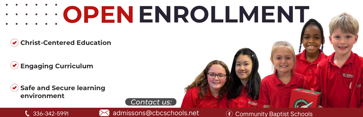 Open enrollment advertisment featuring 5 students in red shirts 
