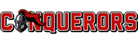 red, black and white conquerors logo text